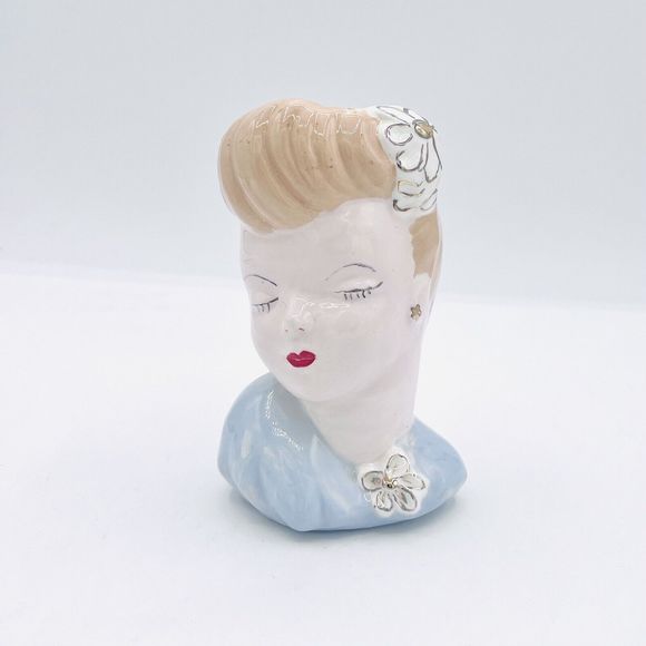 unknown Other - Vintage 50's Glamour Girl Lady Head Vase Blue W/ Gold Gilt Flowers Planter. Flaw